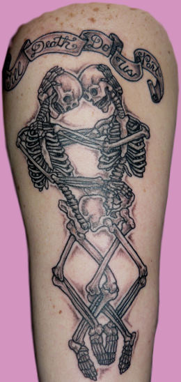 skeleton tattoos. Designs: Hugging Skeleton