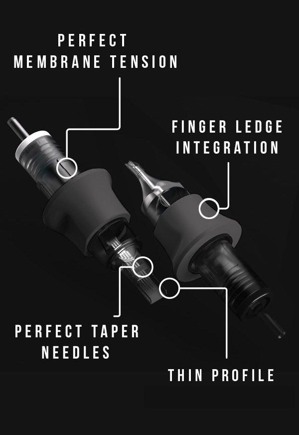 Premium Tattoo Needle Cartridges feature a perfect membrane tension system, an integrated finger ledge system, perfectly tapered needles and a thin mold profile.
